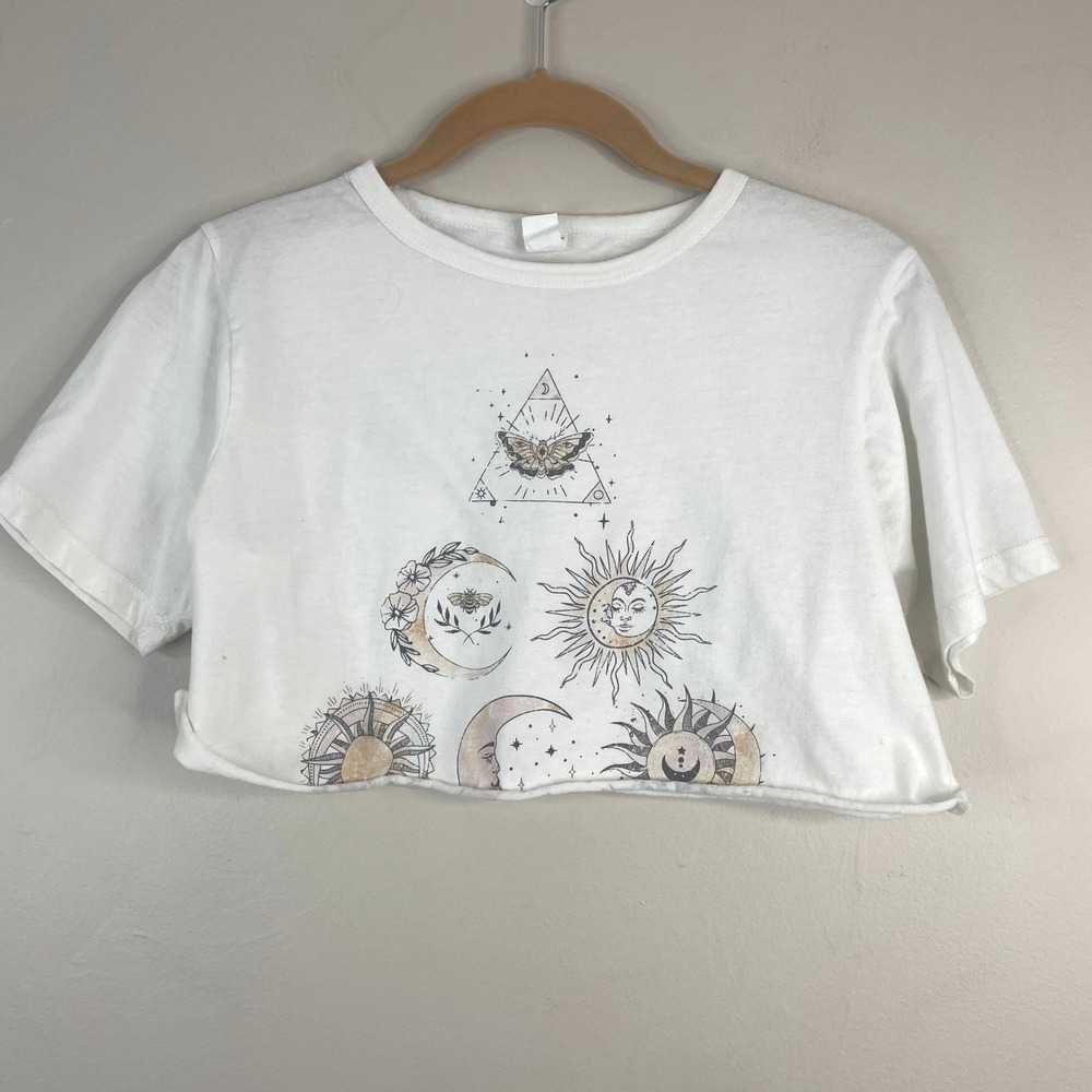 Celestial Sun Moon Stars Top Womens Large Crop Grunge Whimsigoth Festval T-shirt